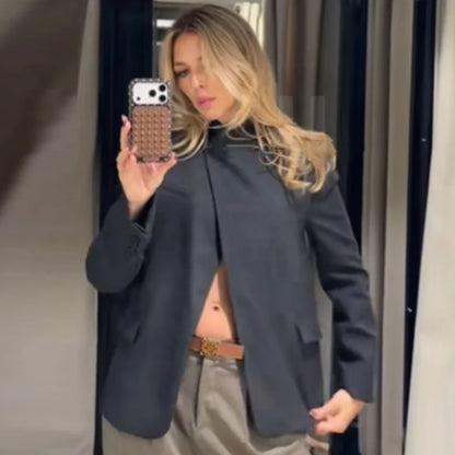Woman 2025 Asymmetric Dark Grey Blazer Woman Autumn Women's Blazer Crop Long Sleeve Fitted Jacket Korean Popular Outerwears