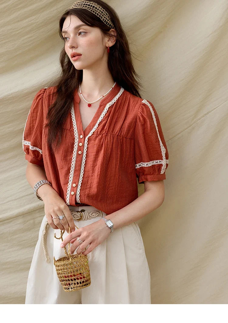 French New Blouses Women Summer New 2025 Short Sleeve V-neck Color Matching Shirts Female Fashion Lazy Style MXE31X1766