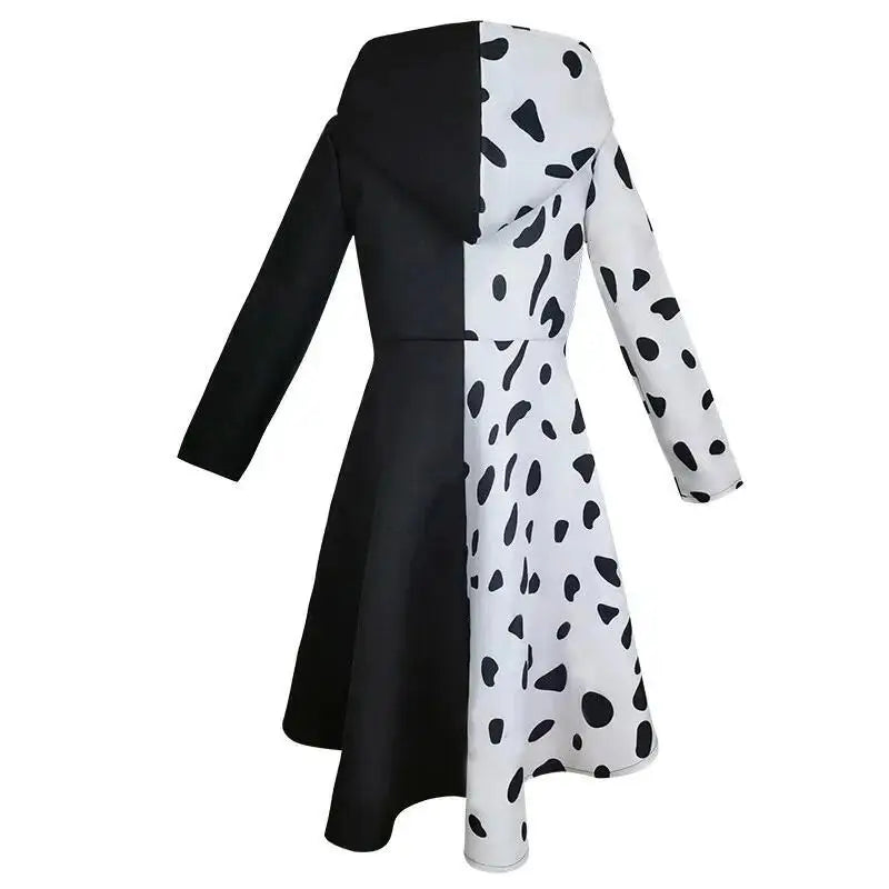 Cruella Deville Costume Black Dalmatian Jumpsuit Dress Girls Halloween Cosplay Party Dress up