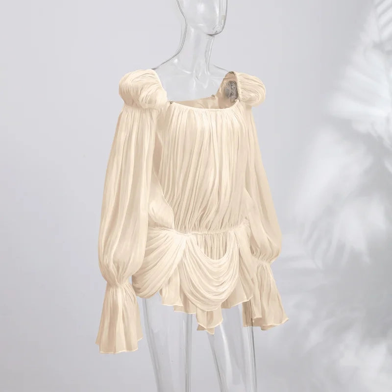 Satin Off Shoulder Pleated Mini Dress for Women Fashion Puff Sleeve  Cinched Waist Prom Party Skirt 2026 NEW Summer Lady Dresses