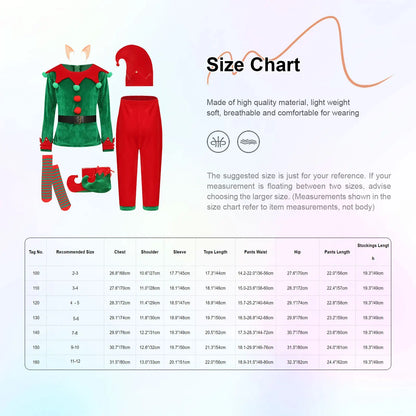 2-12 Yrs Kid Deluxe Christmas Elf Costume 7 Pieces Green Red Elevs Suit Top+Pants+Socks+Hat+Belt+Shoes Covers+Ears Santa Uniform