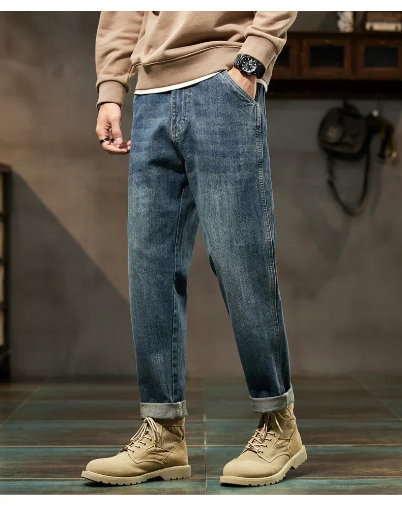 Men's Spring 2026 Loose Harem Pants Denim Retro Solid Comfortable Harajuku Straight Jeans Simple Fashion Versatile Cargo Trouser