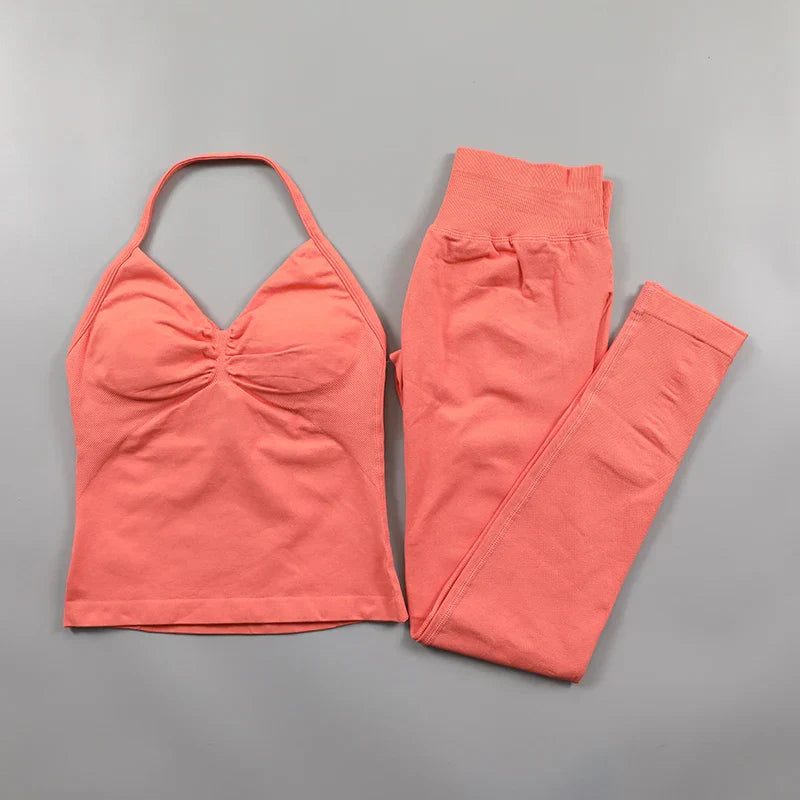Fitness Leggings Set Women Seamless Yoga Set Fitness Clothing Scrunch Bum Gym Legging Padded Tank Top Workout Outfits Sportswear