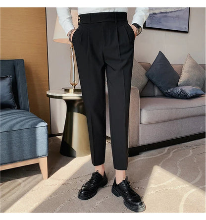 British Style Twill Pleat Design Naples High Waist Casual Trousers Fashion Man Slim Simple Social Party Suit Pant Plus Size 38