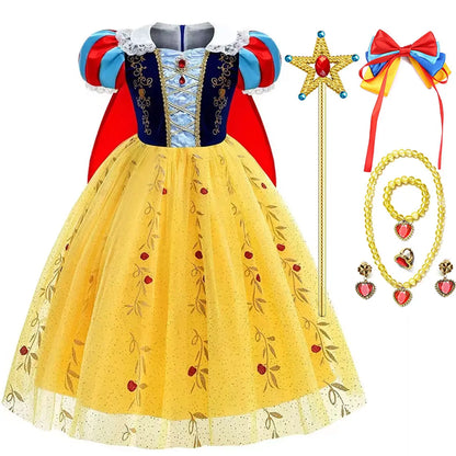 2026 Disney Girl Cosplay Snow White Dress Yellow Luxury Costume With Cloak Holiday Party Gift For Girl Dress + Apple Accessories