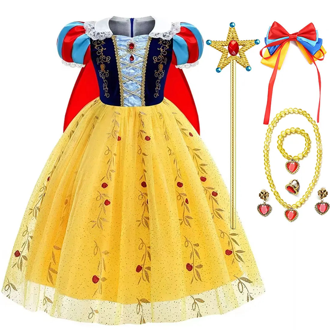 2026 Disney Girl Cosplay Snow White Dress Yellow Luxury Costume With Cloak Holiday Party Gift For Girl Dress + Apple Accessories
