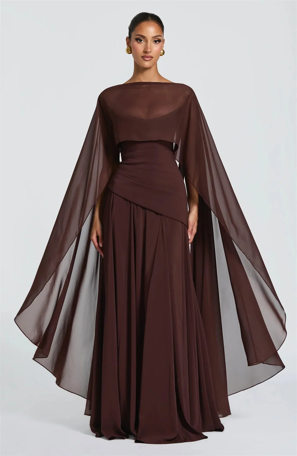 Customized Brown Strapless Elegant Evening Dress chiffon Cape Draping robes de soirée Formal Event Dress Floor Length