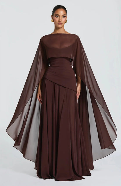 Customized Brown Strapless Elegant Evening Dress chiffon Cape Draping robes de soirée Formal Event Dress Floor Length