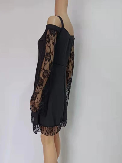 2022 New Gothic One-shoulder Lace Stitching Flared Sleeve Dress Literary Vintage Autumn Grunge Black A-line Dress Punk Partywear