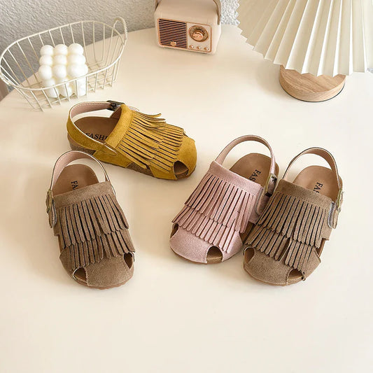 2025 Summer New Girls' Sandals Korean Style Tassel Princess Shoes Frosted Leather Hollow Sandals Comfortable 23-31