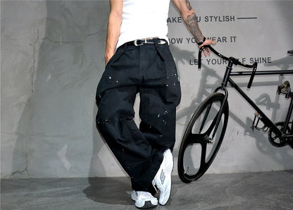 ‌Japanese Premium Vintage Distressed Paint Splash Cargo Pants Men Streetwear Loose Casual Straight Leg Haram Trousers Trendy