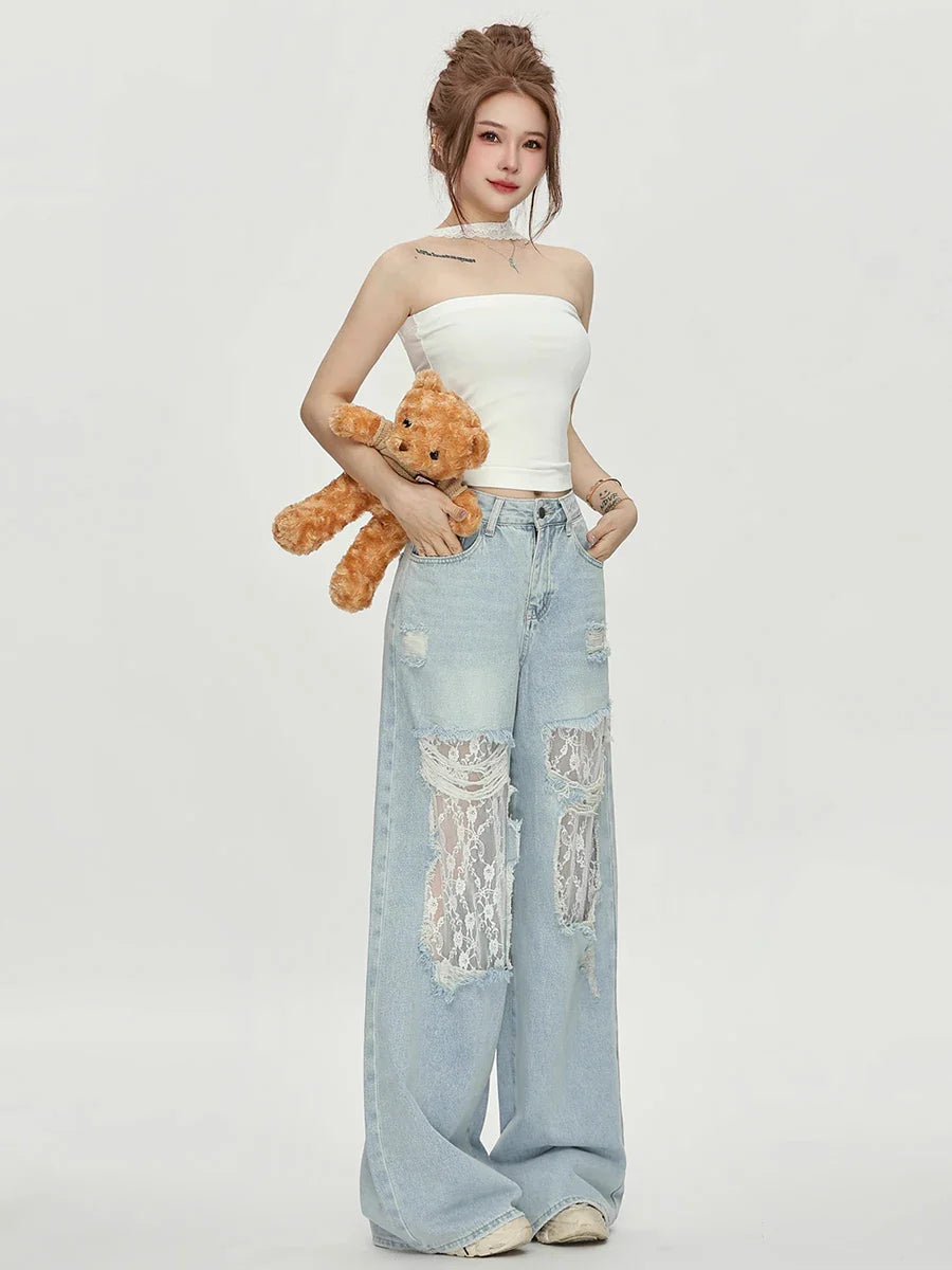 Women's Lace Hollow Out Baggy Jeans Vintage Destroyed Holes Raw Edge Wide Leg Denim Pants Casual Korea Everyday Wear