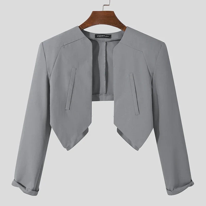 Men Blazer Solid Color Open Stitch Long Sleeve Irregular Thin Suits Men 2024 Streetwear Fashion Casual Crop Coats S-5XL