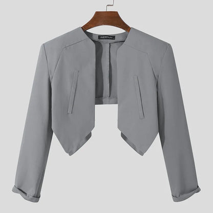 Men Blazer Solid Color Open Stitch Long Sleeve Irregular Thin Suits Men 2024 Streetwear Fashion Casual Crop Coats S-5XL