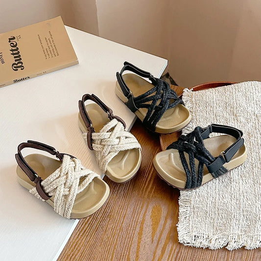 Children's Boho Braided Sandals Summer New Boys Girls Casual Shoes for Outdoor Daily Wear Open-toe Kids Platform Beach Sandals