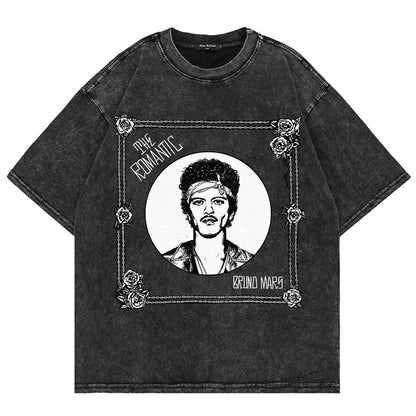 100% Cotton Vintage Washed Bruno Mars The Romantic Tour 2026 T Shirt Fashion Men Aesthetic Oversized Loose Acid Wash Tees Shirts