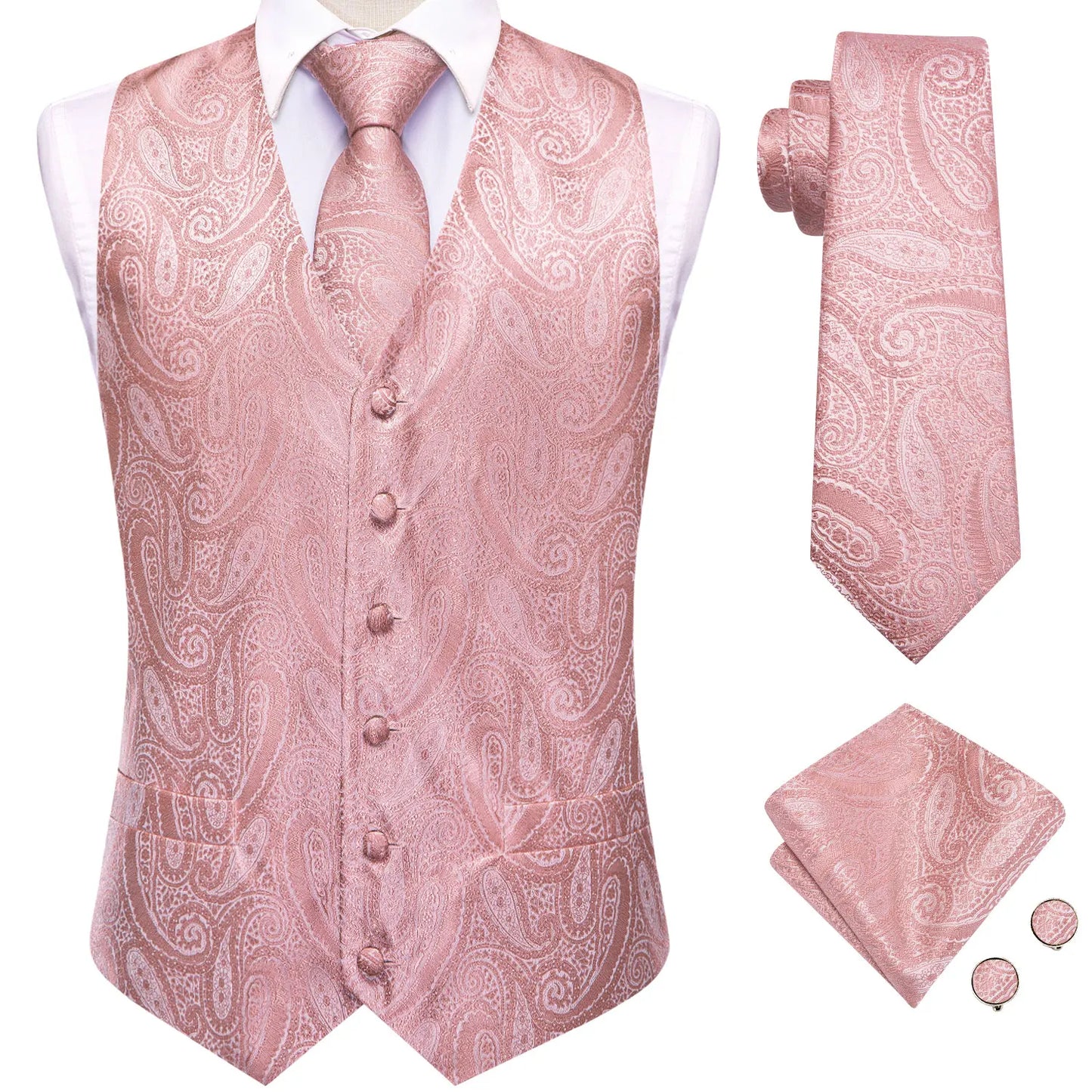 Wedding Coral Pink Mens Vest Silk Tie Set Adjustable Jacquard Waistcoat Jacket Necktie Hanky Cufflinks Formal Party Gifts