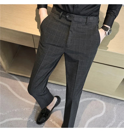 2026 High Quality Men's Plaid Striped Suit Pants Fashion Business Slim Fit Casual Straight Pants Formal Wedding Party Trousers