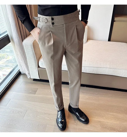 Autumn Winter High Waist Business Dress Pants Men Casual Belt Design Slim Suit Pants Formal Wedding Social Party Male Trousers