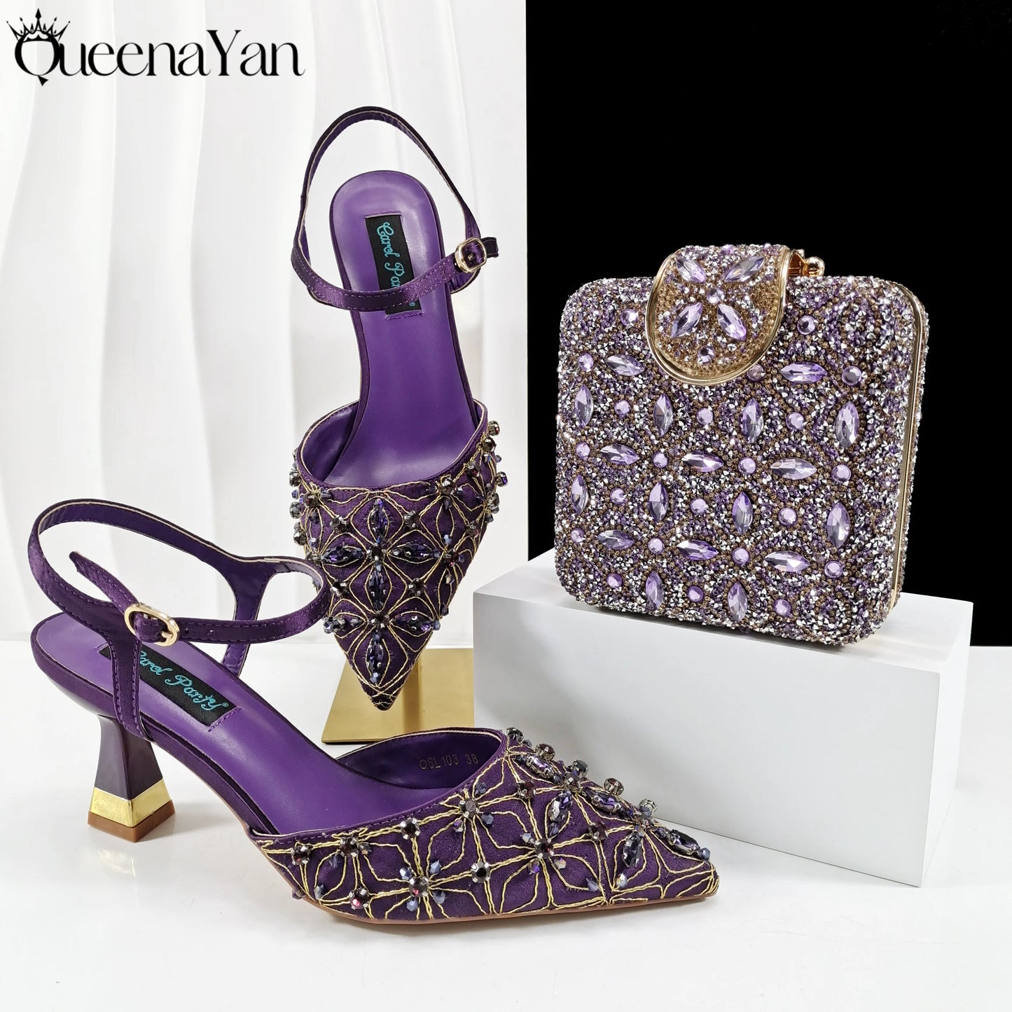 Elegant Full High Quality Diamond Design Olive Color Italian Women's Shoe and Handbag Set for Weddings and Special Occasions
