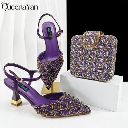 Elegant Full High Quality Diamond Design Olive Color Italian Women's Shoe and Handbag Set for Weddings and Special Occasions