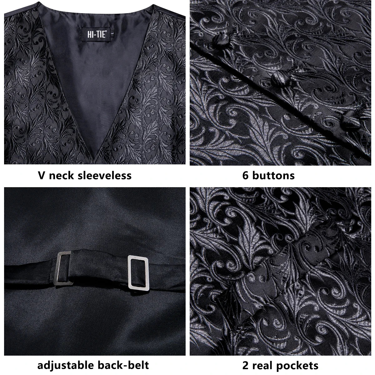 Silk Mens Vests Sleeveless Waist Jacket Jacquard Black Orange Floral Waistcoat Tie Hanky Cufflinks Set for Men Casual XXL