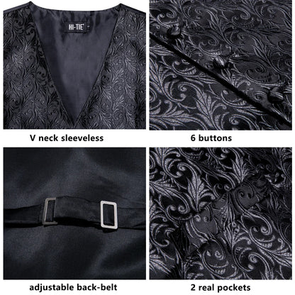 Silk Mens Vests Sleeveless Waist Jacket Jacquard Black Orange Floral Waistcoat Tie Hanky Cufflinks Set for Men Casual XXL