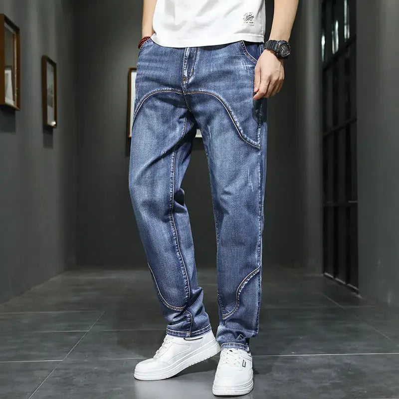 Male Cowboy Pants Straight Trousers with Pockets Blue Jeans for Men Retro Baggy Buggy Autumn Clothing Washed Original Winter Xs