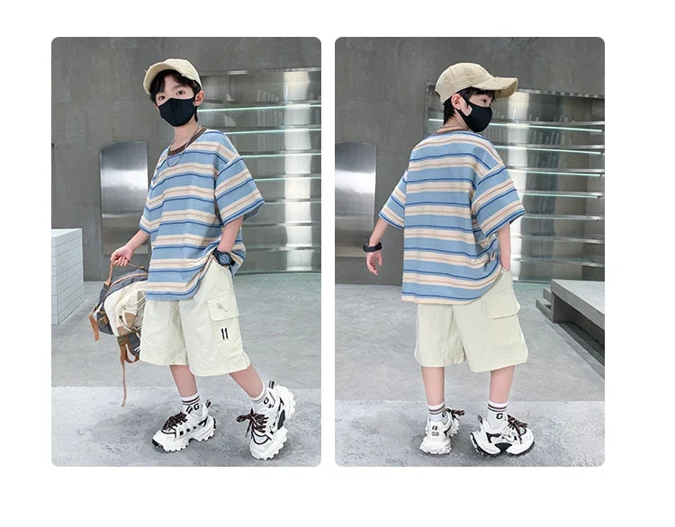 Children Summer Pink Blue Striped Suit Top and Bottom Clothes Set For Teen Boy New Fashion Tracksuit Outfit Kids Casual Clothing