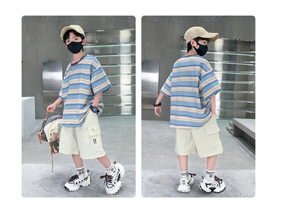Children Summer Pink Blue Striped Suit Top and Bottom Clothes Set For Teen Boy New Fashion Tracksuit Outfit Kids Casual Clothing