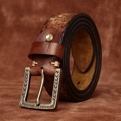 3.8CM Thickened Italian Pure Cowhide High Quality Genuine Leather Belts for Men Carving Strap Male Brass Buckle Jeans Cowboy