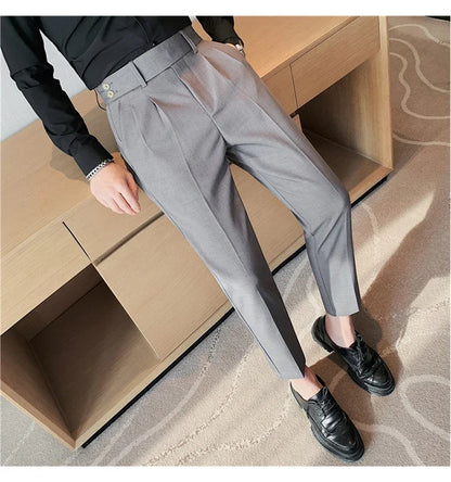 British Style Twill Pleat Design Naples High Waist Casual Trousers Fashion Man Slim Simple Social Party Suit Pant Plus Size 38