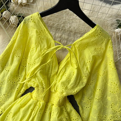 White/Purple/Blue V Neck Summer New Lace Embroidery Dress Women Short Sleeves Dresses Female Vintage Party Beach Midi Dresses