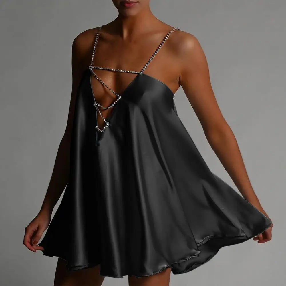 Fashion Womens Casual Chain Suspender Short Dress Fashion Solid Color Hollow V-Neck A-Line Dress Party Club Street Style S-XL