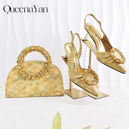 European and American high-end women's shoes with garland diamond clutches, pointed shoes Nigerian wedding shoes and bag