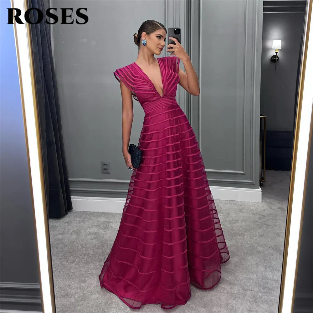 A Line Fuchsia Formal Dresses Pleat Sleeveless Prom Gown for Woman Deep V Neck Wedding Party Dress robe de bal Customized