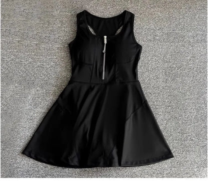 Tennis Skirt Casual Half Zipper Sports Fitness Dress Anti-Running High Waist Slim Golf Yoga Dress