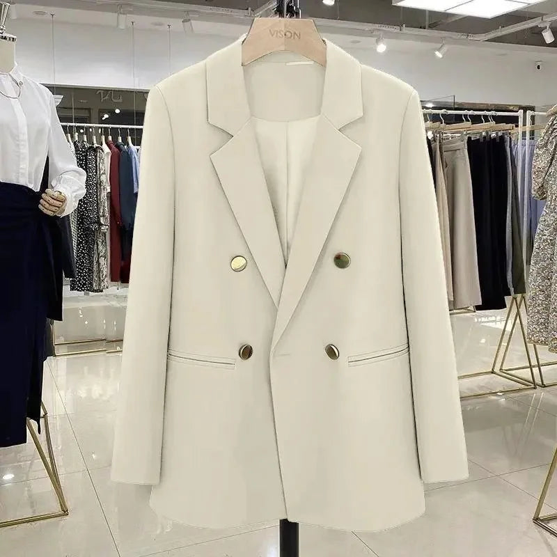 Blazer Woman Autumn Spring Long Sleeve Double Breatsed Lapel Loose Coat Slim Casual Jackets Office Ladies Vintage Blazers
