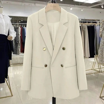 Blazer Woman Autumn Spring Long Sleeve Double Breatsed Lapel Loose Coat Slim Casual Jackets Office Ladies Vintage Blazers