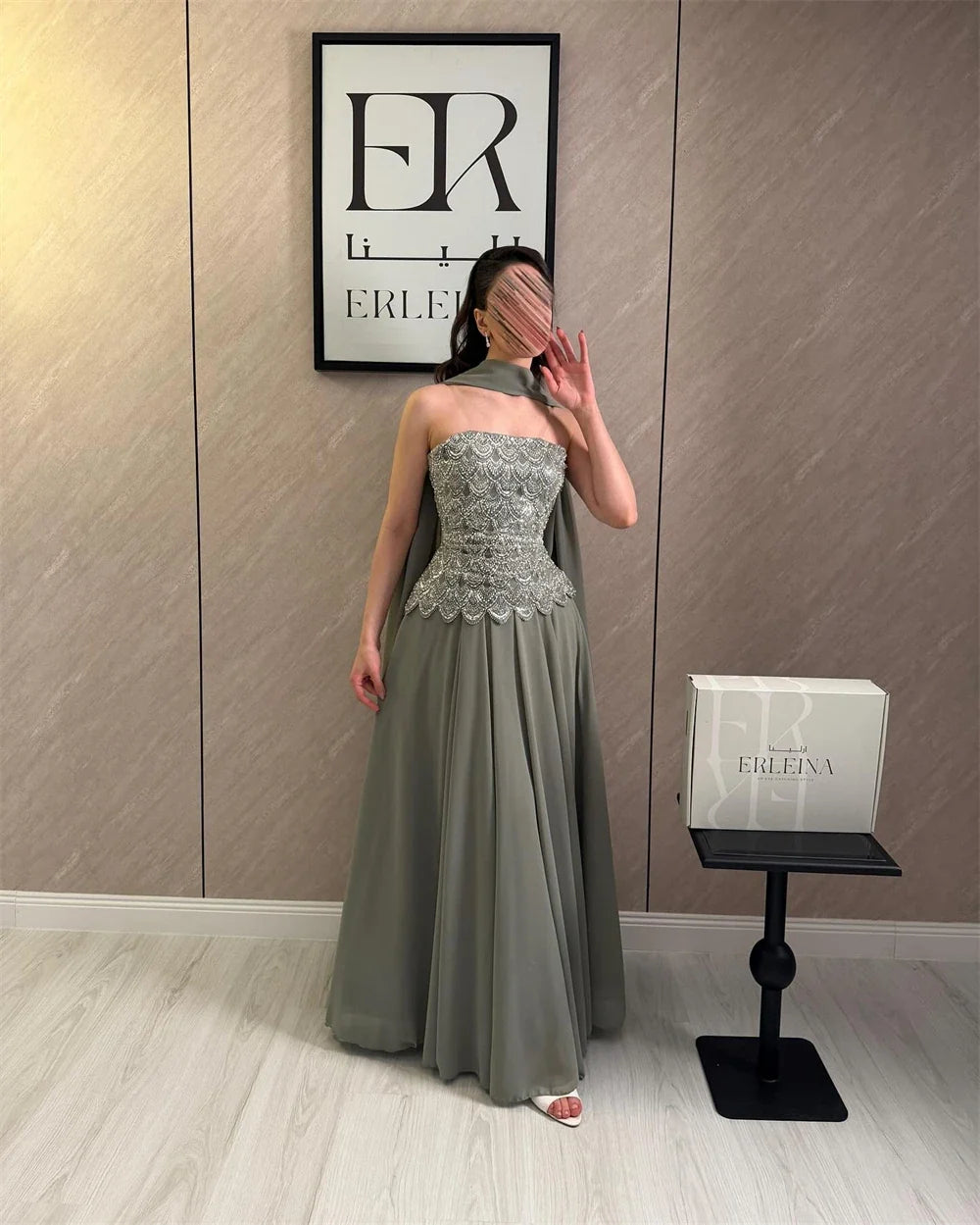 Custom Classic Evening Dress Strapless Beaded Bodice Robes De Soirée Sage Cape Shawl Bridesmaid Dress Maxi Floor Length