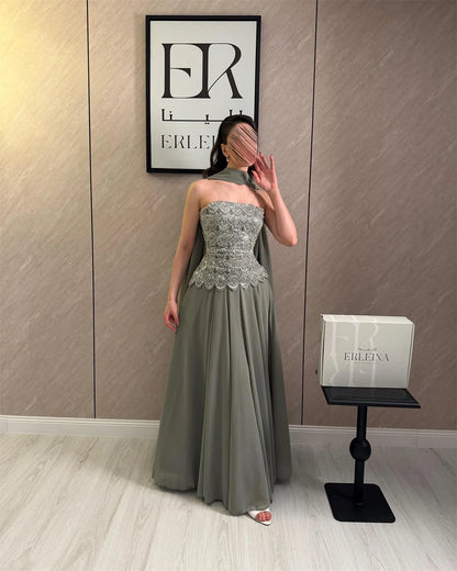 Custom Classic Evening Dress Strapless Beaded Bodice Robes De Soirée Sage Cape Shawl Bridesmaid Dress Maxi Floor Length