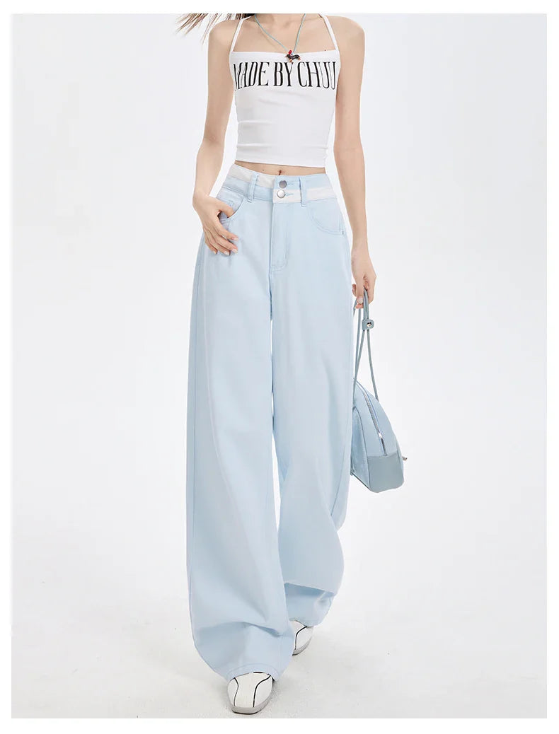 Loose Casual Wide Leg Denim Pants Summer New Thin 100% Cotton Women's High Waist Y2K Contrast Stitching All Match Baggy Jeans