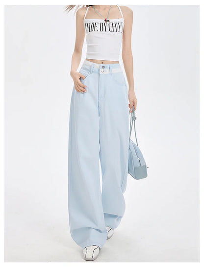 Loose Casual Wide Leg Denim Pants Summer New Thin 100% Cotton Women's High Waist Y2K Contrast Stitching All Match Baggy Jeans