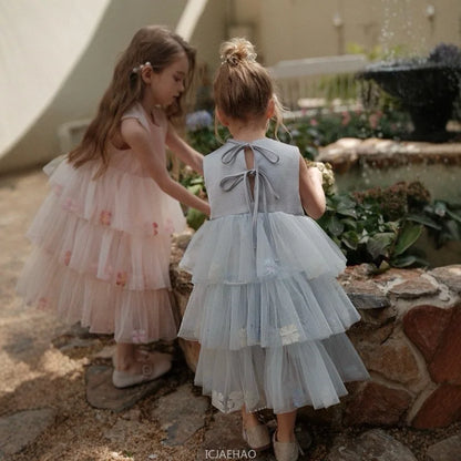 Girls Flower Tulle Cake Blue Pink Dress Princess Party Gown Dresses Kids Sleeveless Birthday Outfits Children Summer Costume