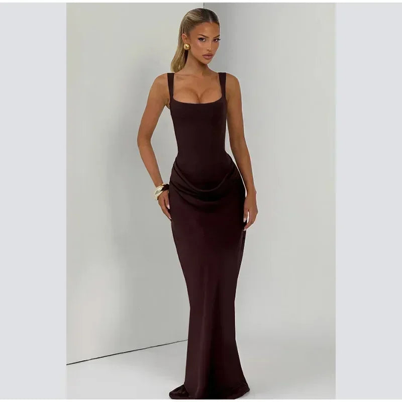 Sexy Square-neck Halter Long Dress Women 2025 Pleated Sleeveless Backless High Waist Bodycon Dresses New Summer Lady Party Gowns