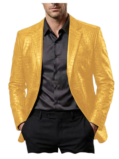 Men Crocodile Texture Leather Blazer Notched Lapel Slim Fit Single Breasted Suit Jacket Nightclub Party Business Outer Coat