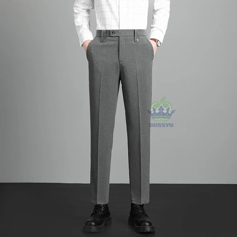 Brand High Quality Business Suit Ankle Length Pants Men Grey Khaki Waist Design Work Office Formal Long Trousers Male