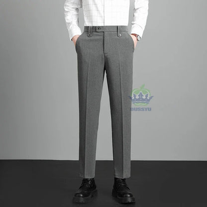 Brand High Quality Business Suit Ankle Length Pants Men Grey Khaki Waist Design Work Office Formal Long Trousers Male