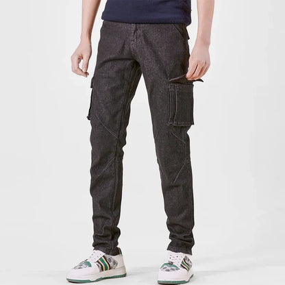 Men's Street Style Elastic Waist Denim Cargo Pants Solid Color Washed Slim Fit Casual Jeans with Multiple Pockets for Daily Wear