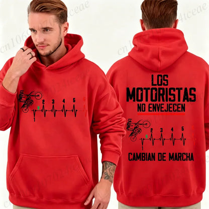 Mens Spanish Motorcycle Biker Hoodies Los Motoristas No Envejecen Print Pullover Hooded Sweatshirt Fleece Casual Outerwear Gift